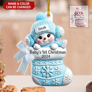 3D Effect Snowbaby On Stocking Baby's 1st Christmas Keepsake Personalized Acrylic Ornament