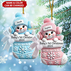 3D Effect Snowbaby On Stocking Baby's 1st Christmas Keepsake Personalized Acrylic Ornament