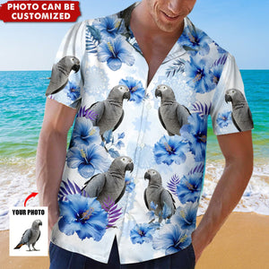 Upload Parrot Pet Photo Blue Flower Personalized Hawaiian Shirt