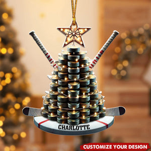 Hockey With Puck Tree and Sticks - Personalized Acrylic Christmas Ornament