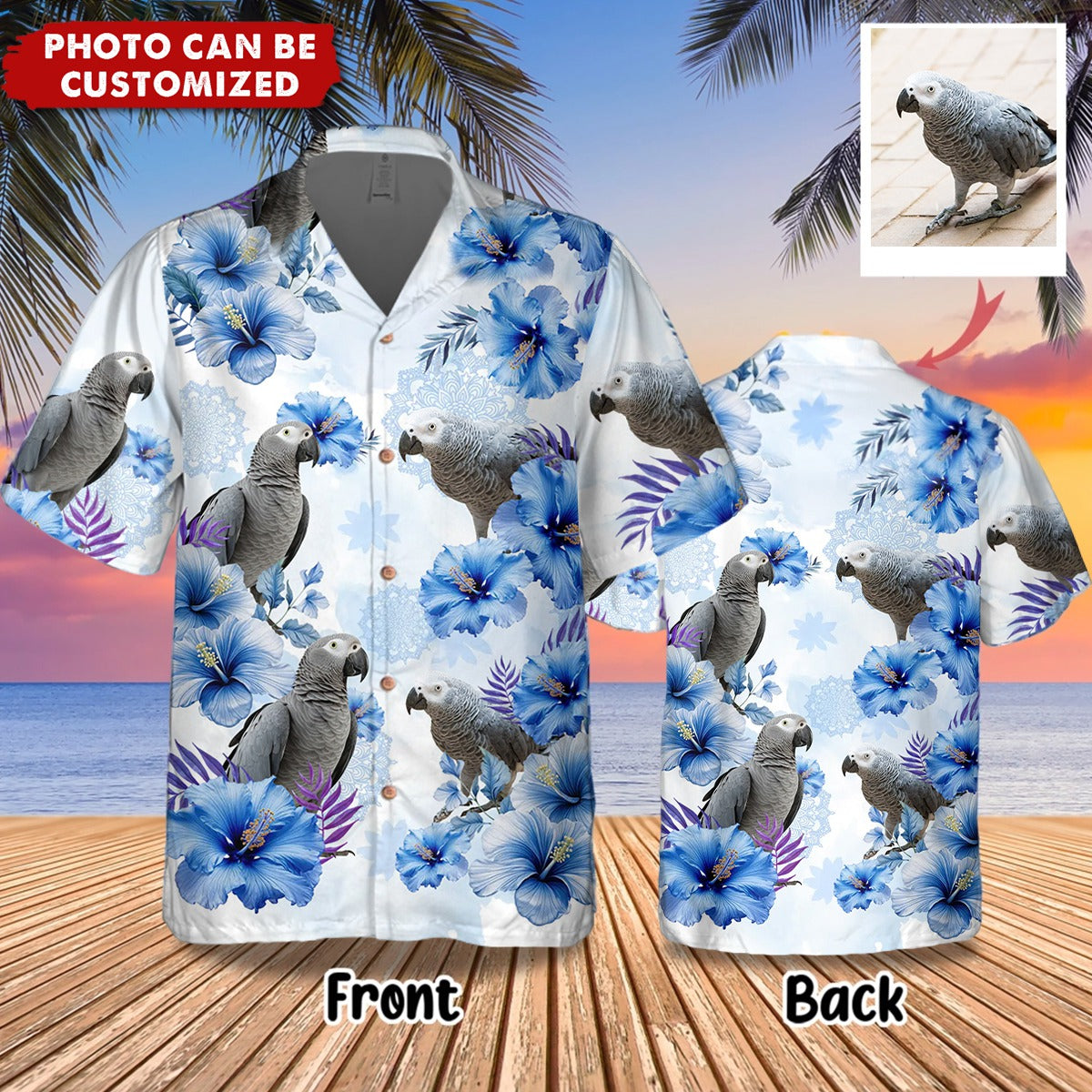 Upload Parrot Pet Photo Blue Flower Personalized Hawaiian Shirt